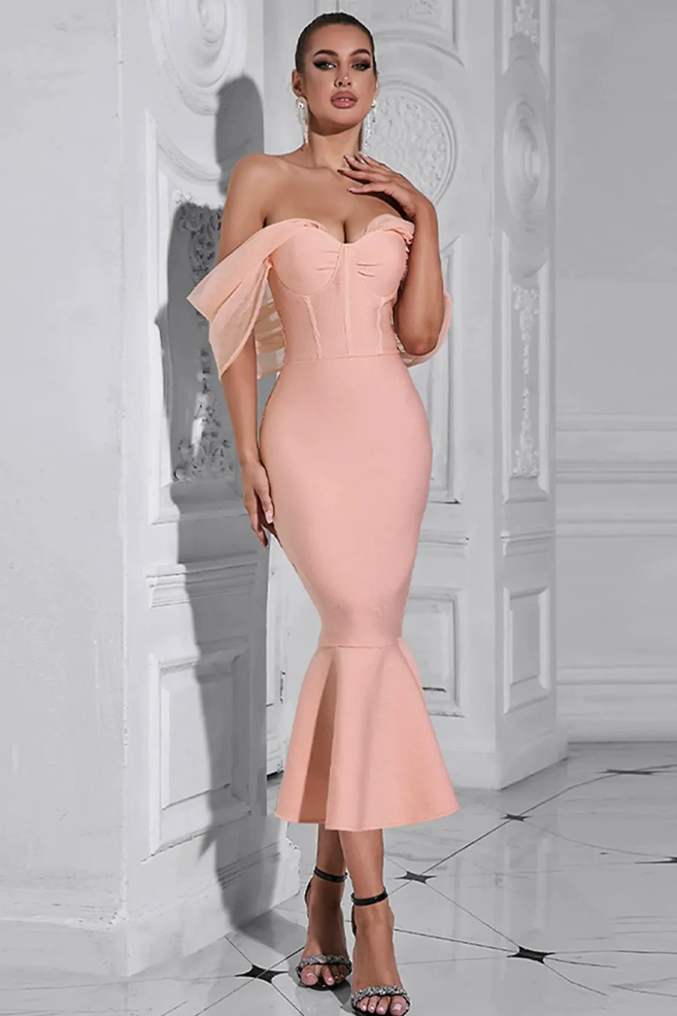 Blush Sereia Espartilho Fora do Ombro Tea Length Prom Dress