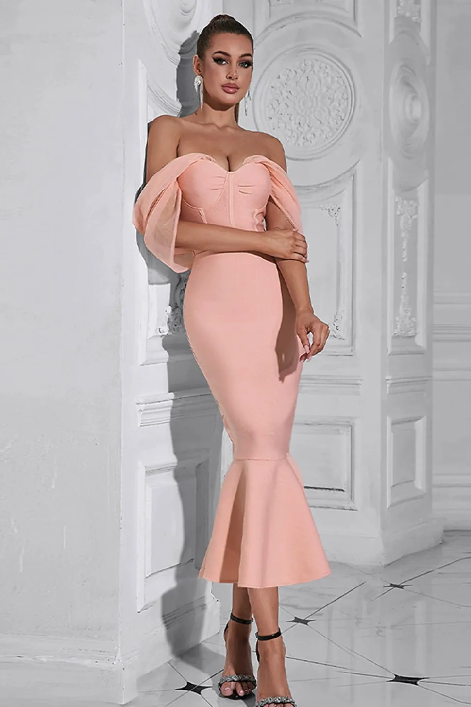 Blush Sereia Espartilho Fora do Ombro Tea Length Prom Dress