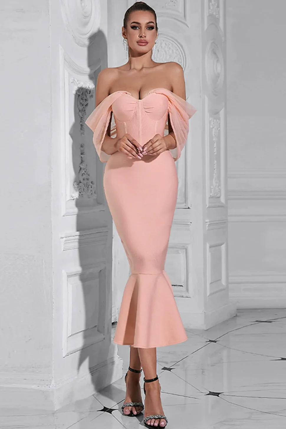 Blush Sereia Espartilho Fora do Ombro Tea Length Prom Dress