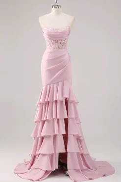 Blush Sereia Espartilho sem alças vestido longo baile de formatura com fenda