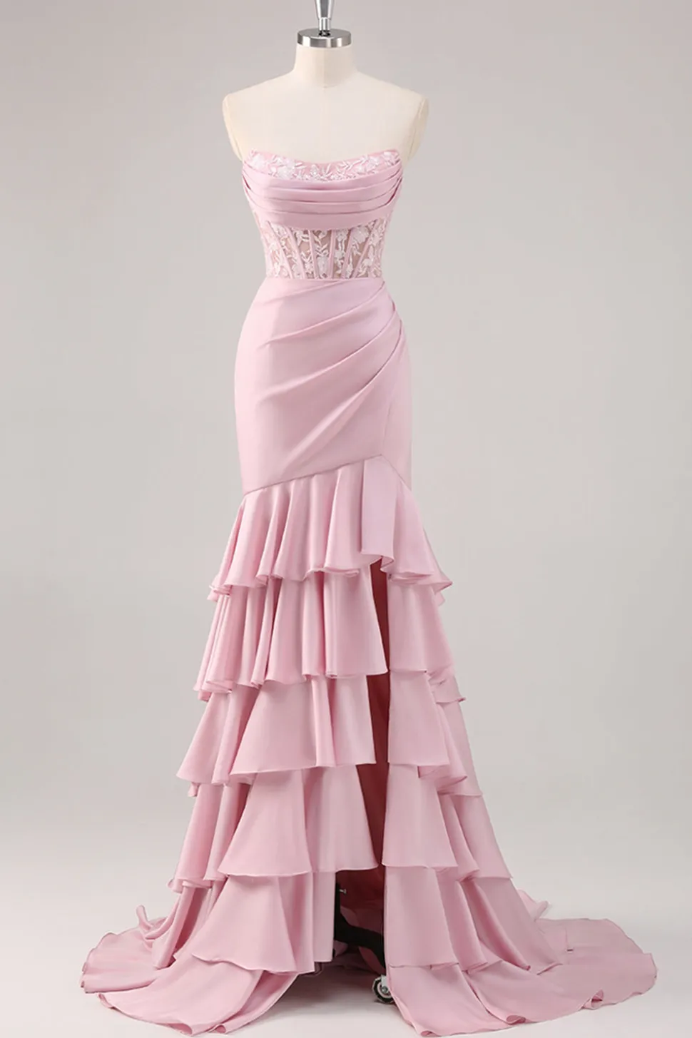 Blush Sereia Espartilho sem alças vestido longo baile de formatura com fenda