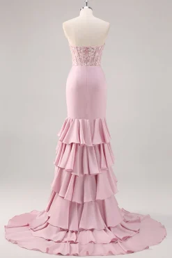 Blush Sereia Espartilho sem alças vestido longo baile de formatura com fenda