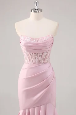 Blush Sereia Espartilho sem alças vestido longo baile de formatura com fenda
