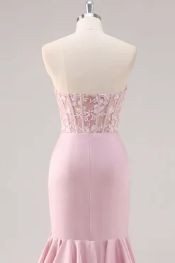 Blush Sereia Espartilho sem alças vestido longo baile de formatura com fenda