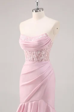 Blush Sereia Espartilho sem alças vestido longo baile de formatura com fenda