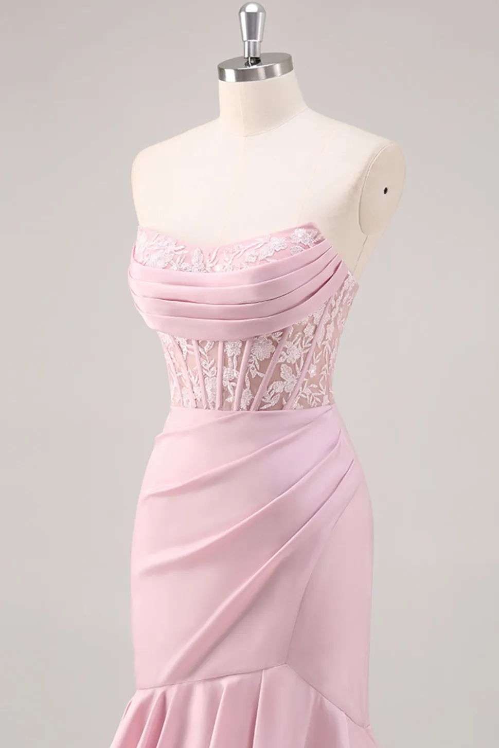 Blush Sereia Espartilho sem alças vestido longo baile de formatura com fenda