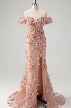 Blush sereia fora do ombro fenda longo vestido de baile com flores 3D