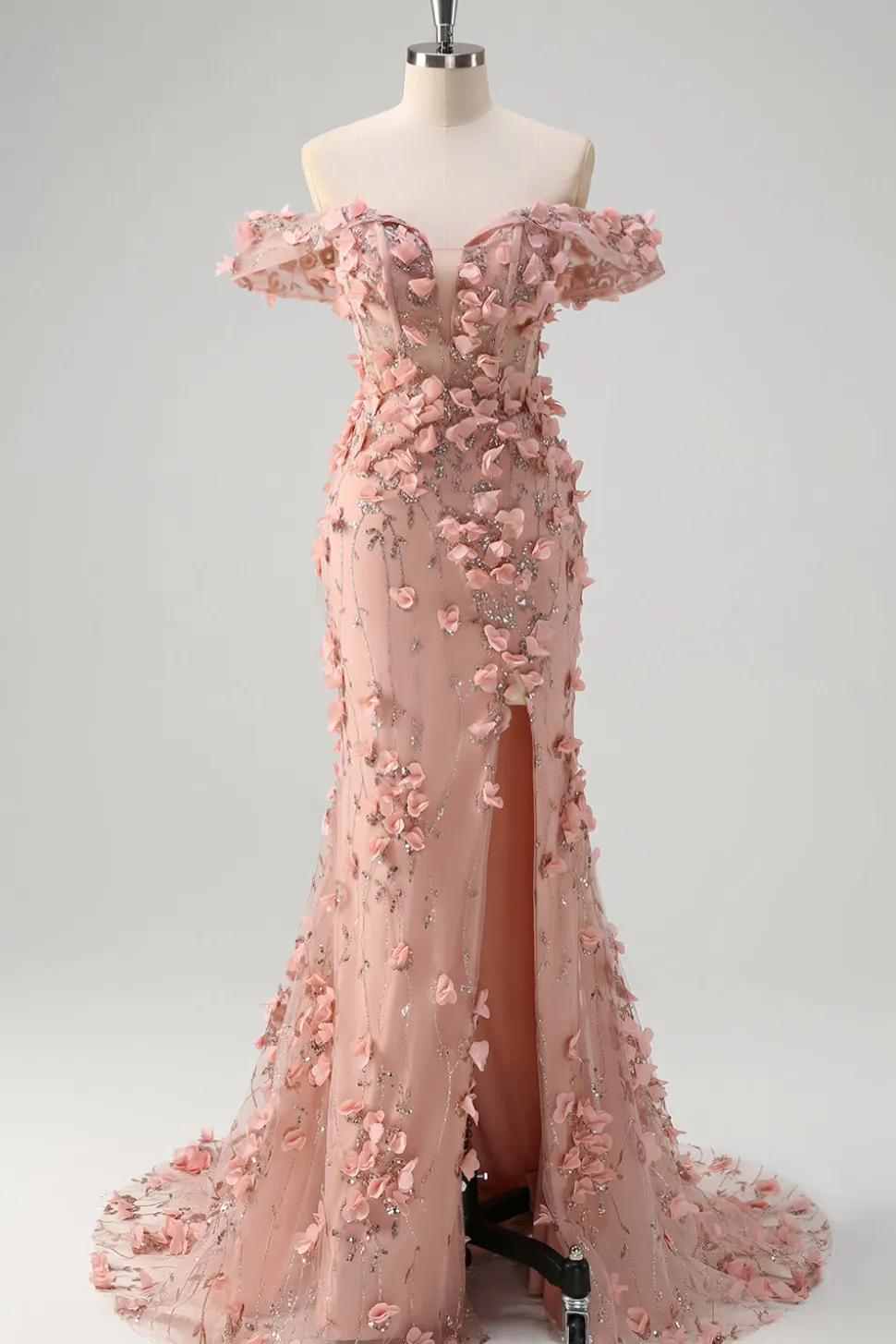 Blush sereia fora do ombro fenda longo vestido de baile com flores 3D