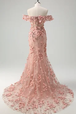 Blush sereia fora do ombro fenda longo vestido de baile com flores 3D