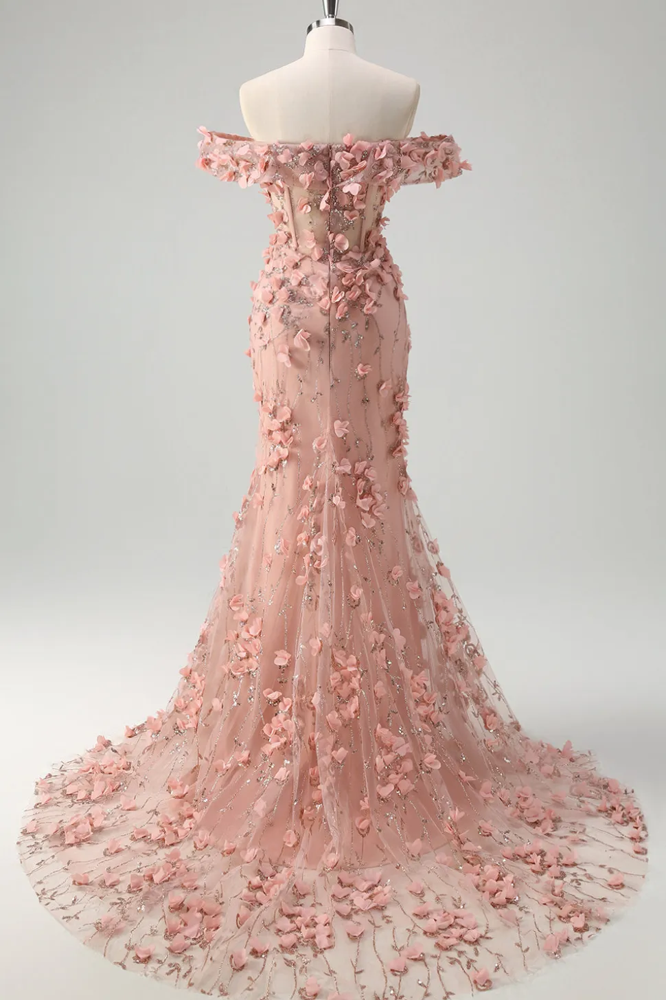 Blush sereia fora do ombro fenda longo vestido de baile com flores 3D