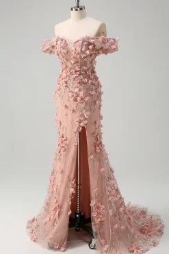 Blush sereia fora do ombro fenda longo vestido de baile com flores 3D