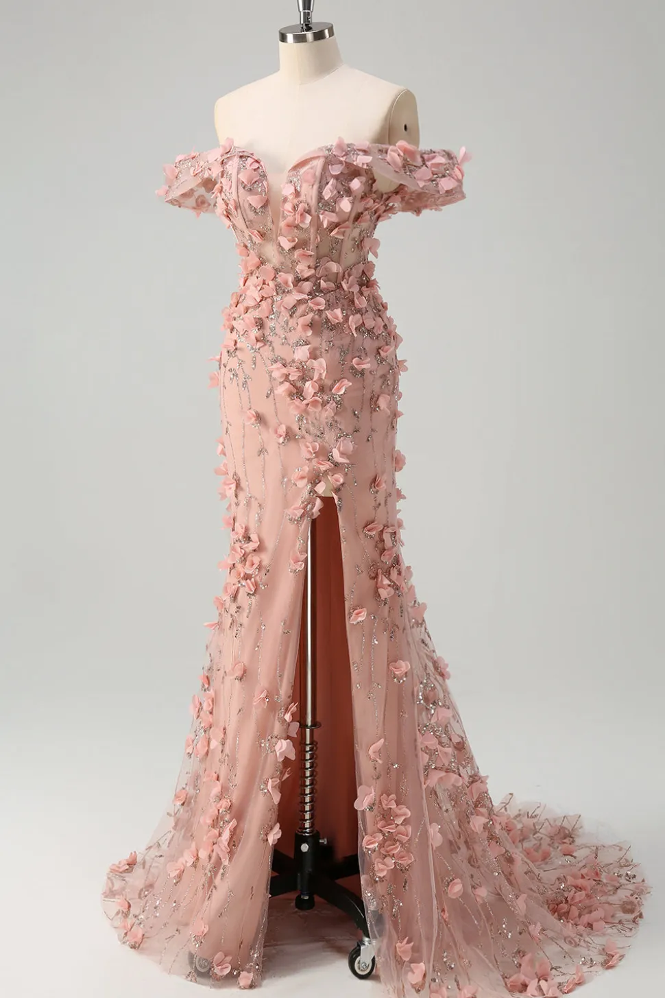 Blush sereia fora do ombro fenda longo vestido de baile com flores 3D