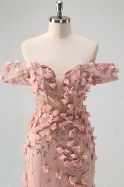 Blush sereia fora do ombro fenda longo vestido de baile com flores 3D