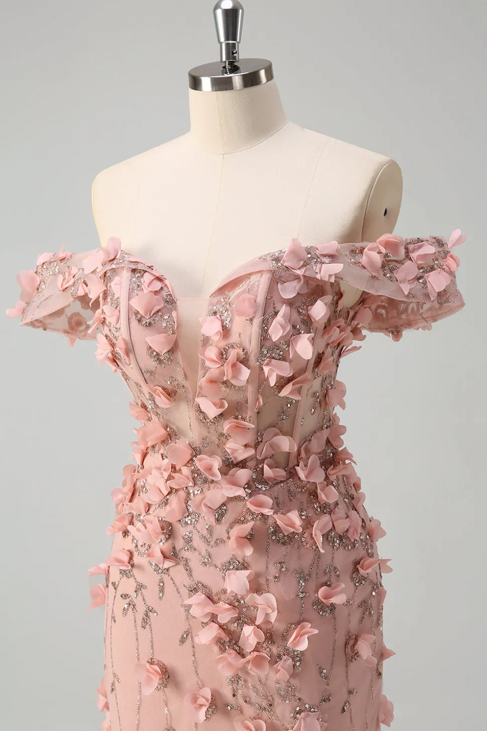 Blush sereia fora do ombro fenda longo vestido de baile com flores 3D