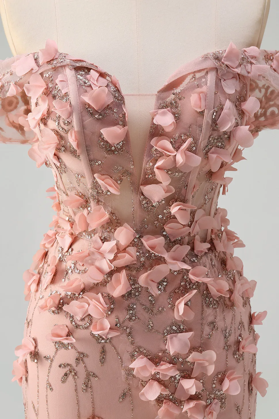 Blush sereia fora do ombro fenda longo vestido de baile com flores 3D