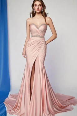 Blush Sereia plissada contas sem alças vestido formal com fenda
