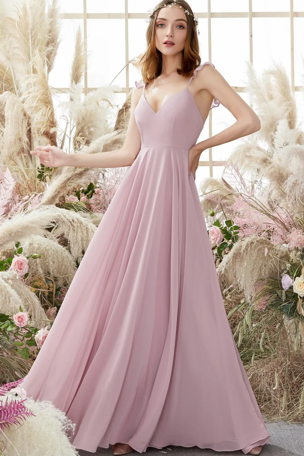 Blush Spaghetti Alças Chiffon Vestido de dama de honra