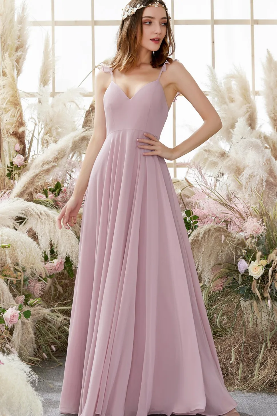Blush Spaghetti Alças Chiffon Vestido de dama de honra