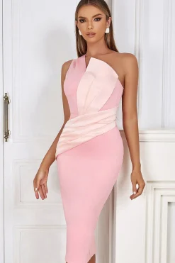 Blush um ombro bodycon vestido cocktail com fenda nas costas