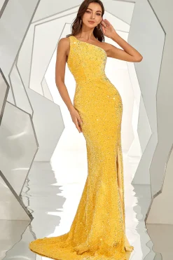Blush Um ombro vestido de baile de sereia lantejoula