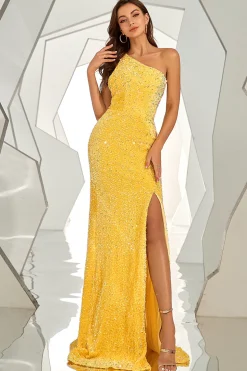 Blush Um ombro vestido de baile de sereia lantejoula