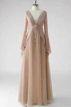 Blush Uma Linha V Pescoço Chiffon Mangas Longas Mãe do Vestido da Noiva com Missangas