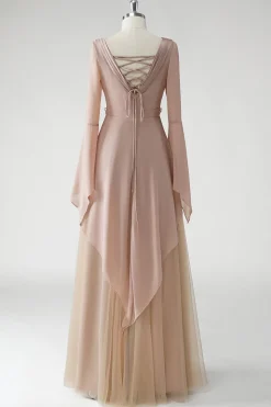Blush Uma Linha V Pescoço Chiffon Mangas Longas Mãe do Vestido da Noiva com Missangas