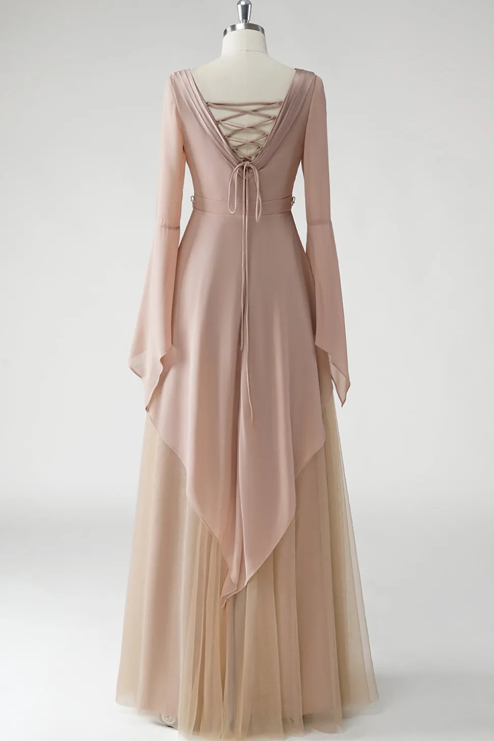 Blush Uma Linha V Pescoço Chiffon Mangas Longas Mãe do Vestido da Noiva com Missangas