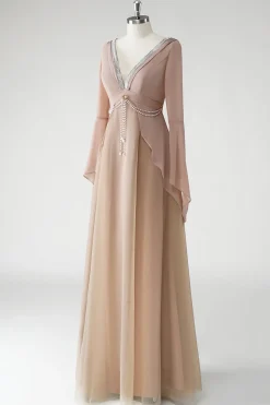 Blush Uma Linha V Pescoço Chiffon Mangas Longas Mãe do Vestido da Noiva com Missangas