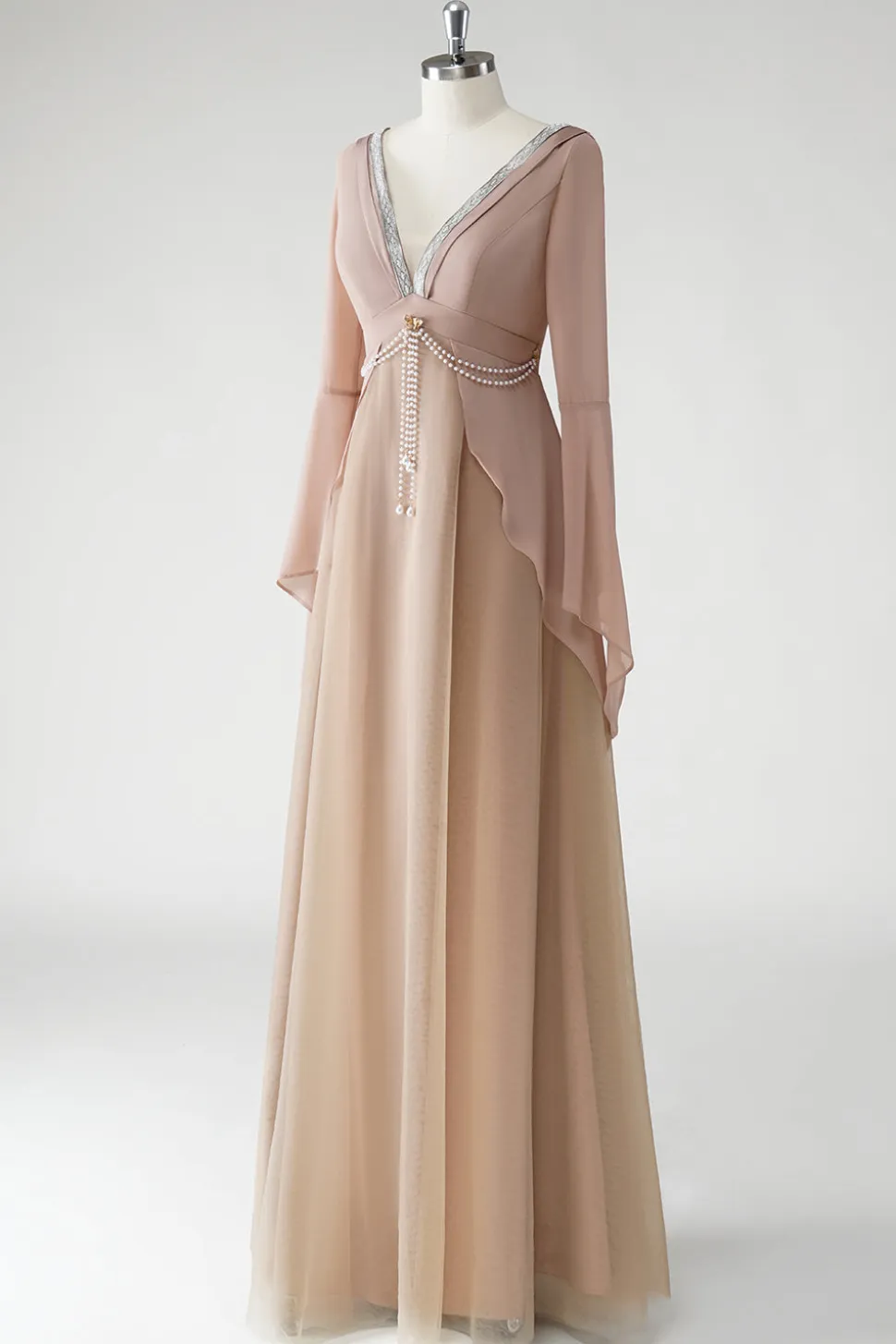 Blush Uma Linha V Pescoço Chiffon Mangas Longas Mãe do Vestido da Noiva com Missangas