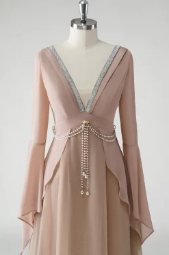 Blush Uma Linha V Pescoço Chiffon Mangas Longas Mãe do Vestido da Noiva com Missangas