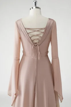 Blush Uma Linha V Pescoço Chiffon Mangas Longas Mãe do Vestido da Noiva com Missangas