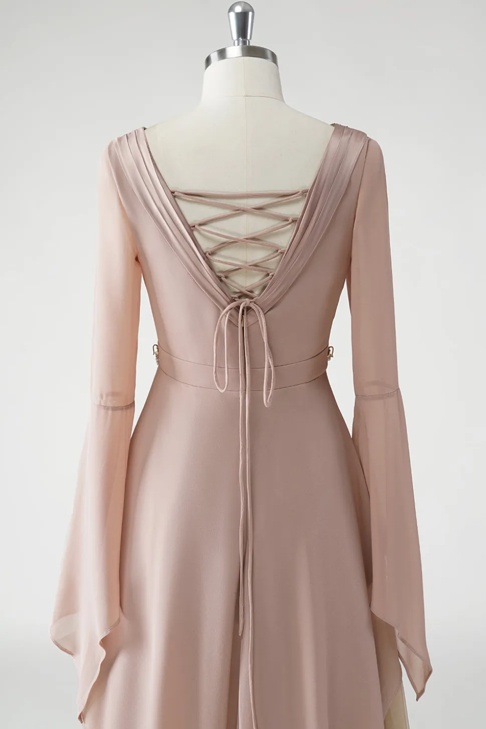 Blush Uma Linha V Pescoço Chiffon Mangas Longas Mãe do Vestido da Noiva com Missangas