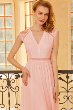 Blush V Pescoço Lace Vestido de dama de honra