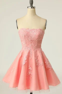 Blush Vestido curto de baile sem alças com apliques