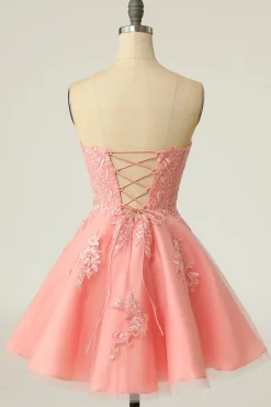 Blush Vestido curto de baile sem alças com apliques