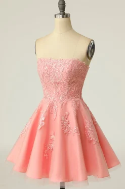 Blush Vestido curto de baile sem alças com apliques