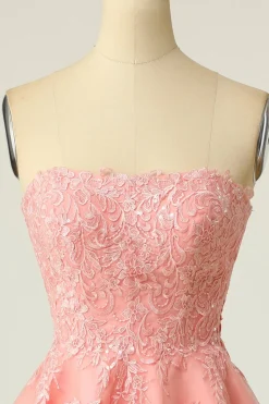Blush Vestido curto de baile sem alças com apliques