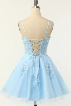 Blush Vestido curto de baile sem alças com apliques