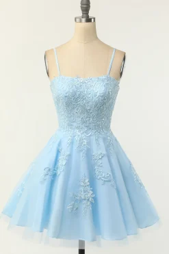 Blush Vestido curto de baile sem alças com apliques