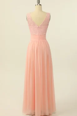 Blush Vestido Longo Chiffon Renda Dama de Honra