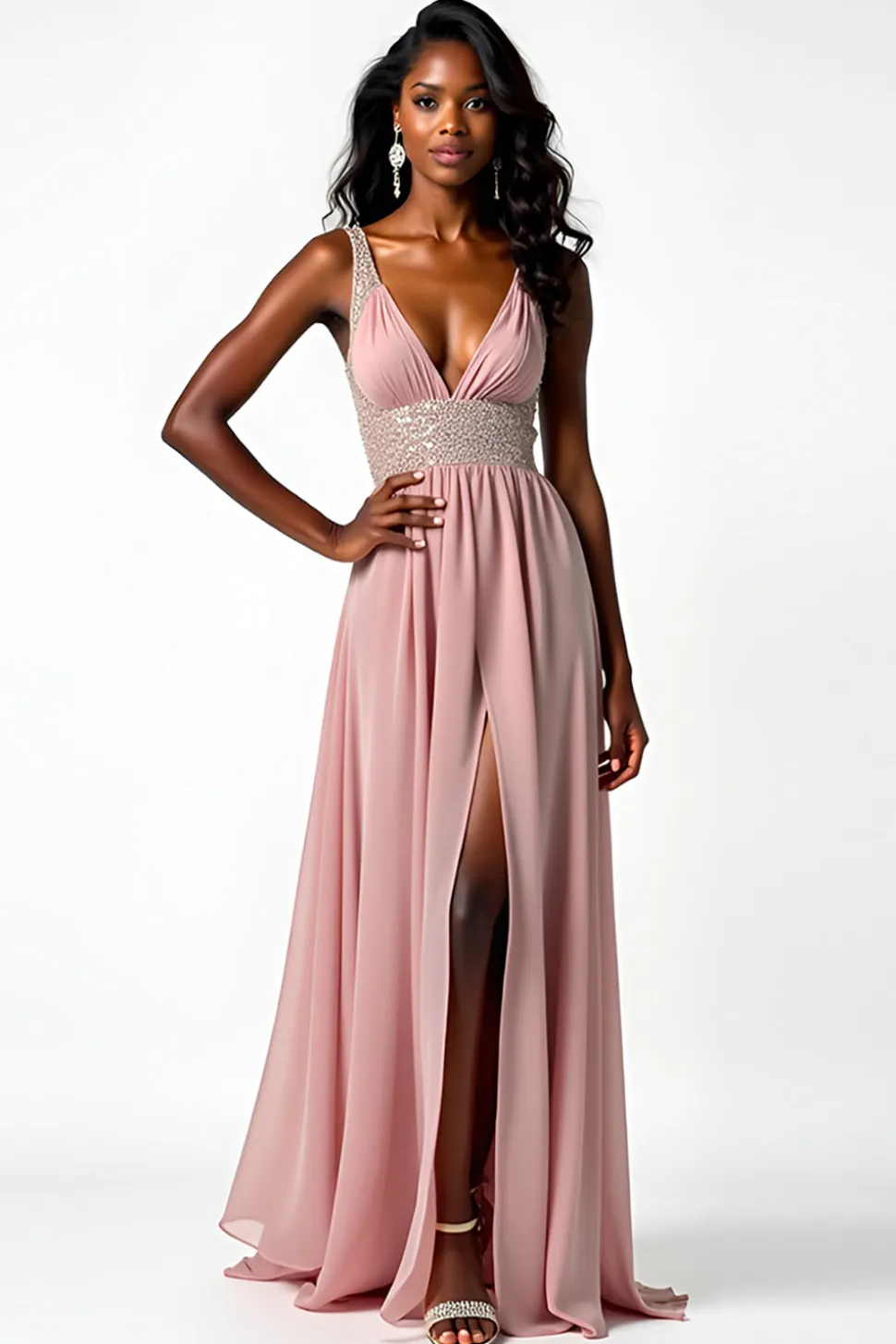 Blush V-Neck Ruched vestido formal longo com fenda