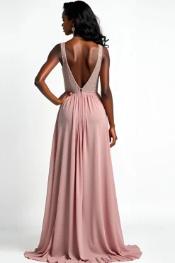 Blush V-Neck Ruched vestido formal longo com fenda