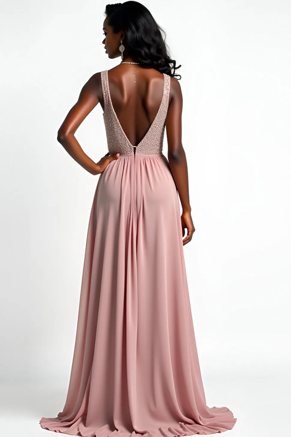 Blush V-Neck Ruched vestido formal longo com fenda