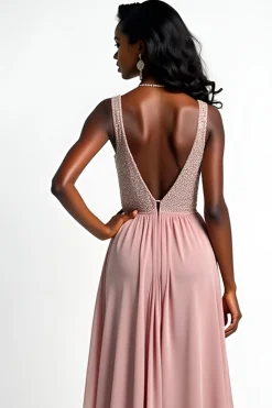 Blush V-Neck Ruched vestido formal longo com fenda