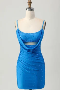 Bodycon azul brilhante cortado vestido curto de volta para casa com frisos