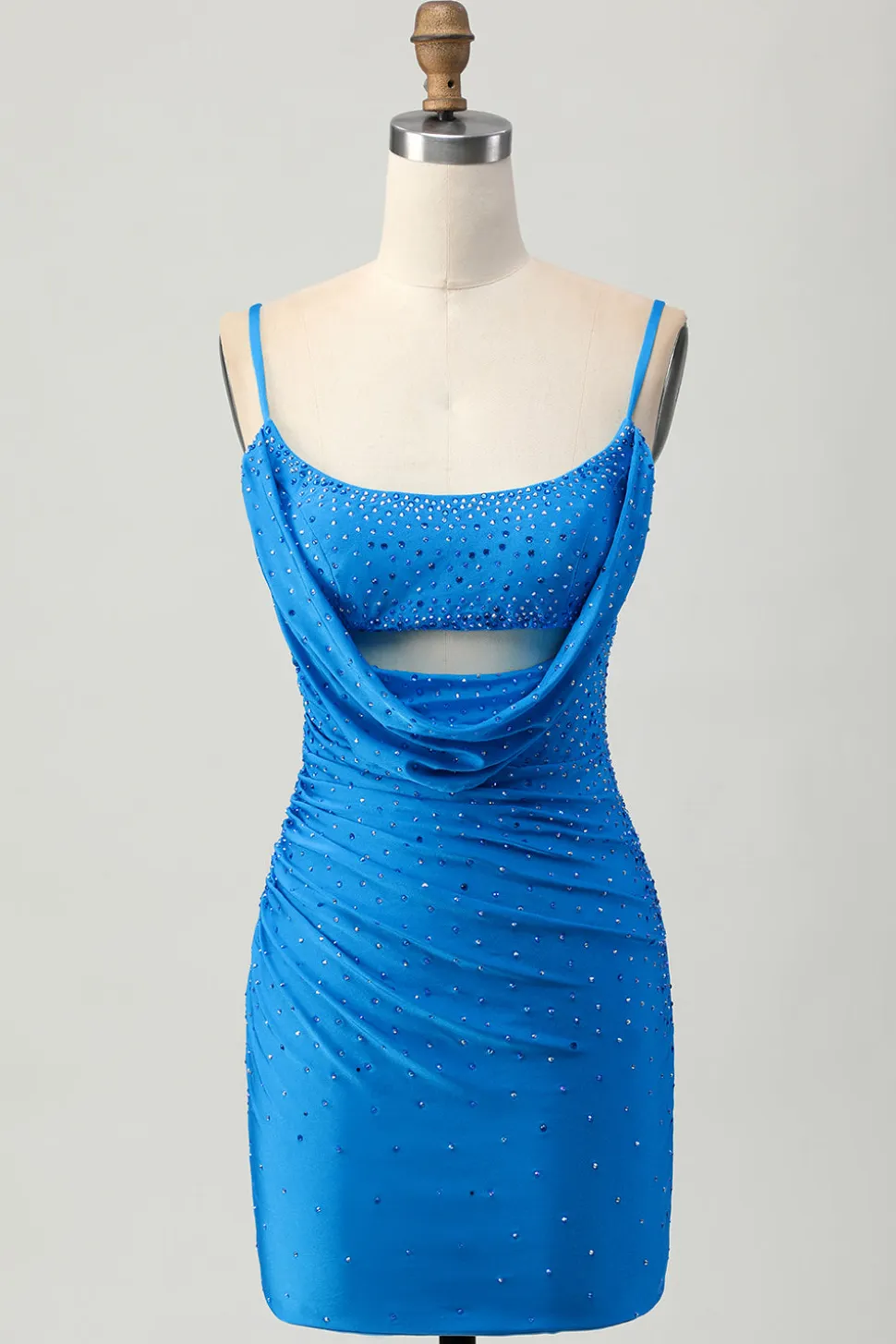 Bodycon azul brilhante cortado vestido curto de volta para casa com frisos