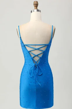Bodycon azul brilhante cortado vestido curto de volta para casa com frisos
