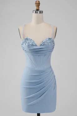 Bodycon Azul Claro Corset Espaghetti Correias Vestido Curto Homecoming