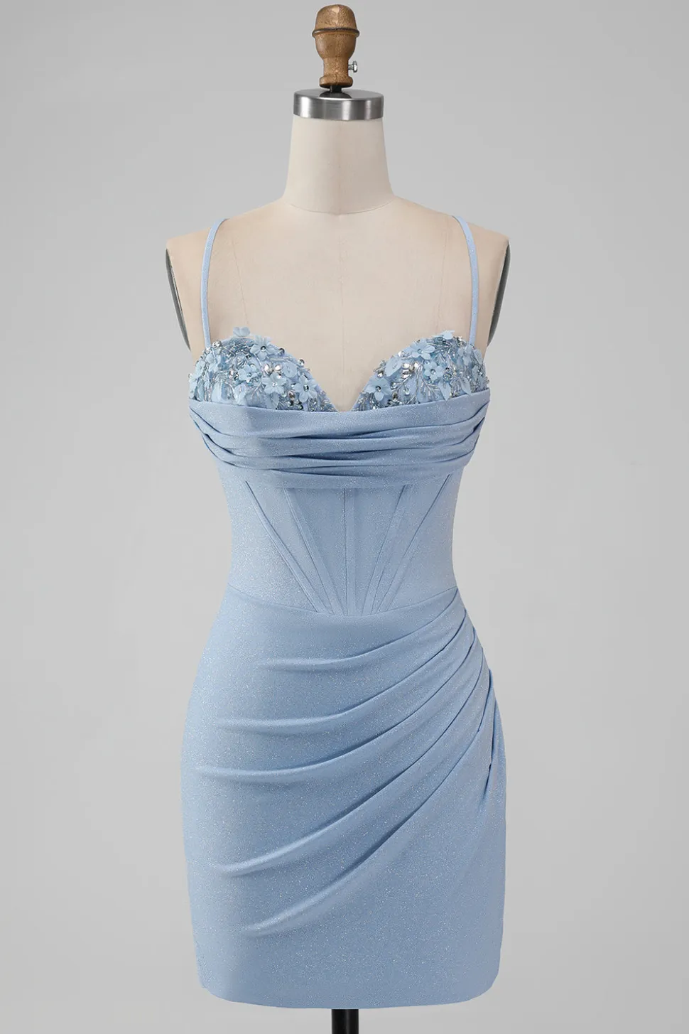 Bodycon Azul Claro Corset Espaghetti Correias Vestido Curto Homecoming